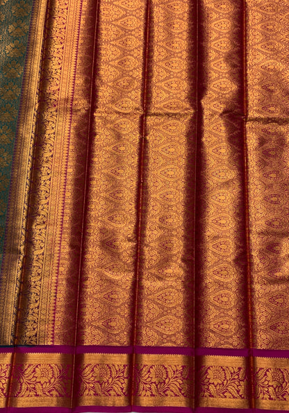 Vegan Silk Saree Rama Green Colour with Copper and Magenta Border