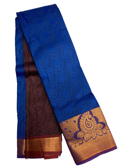 Synthetic Cotton Saree Blue Shade with Copper and Mango Design Border