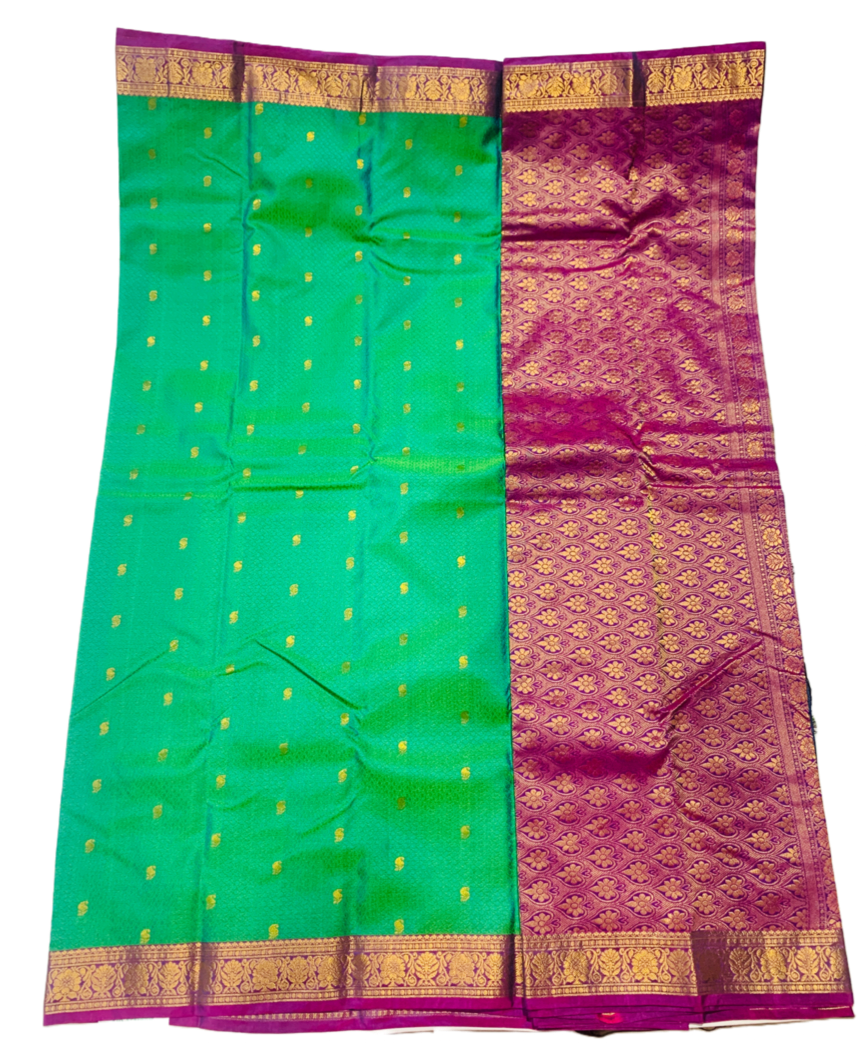 Green shade Semi Silk Saree with Pink Border with Flower Design