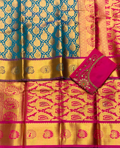 Bridal Vegan Silk Saree Peacock Green shade with Pink Border with Unstitched blouse in Aari work