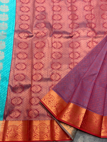 Vegan Silk Saree Sapphire Colour Saree with Copper and Floral Design