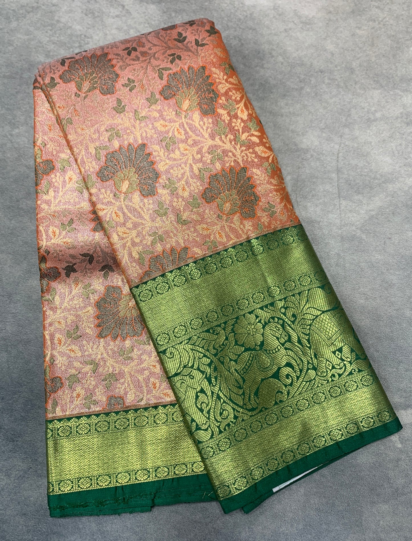 Light Orange Colour Soft kanchi pattu with Green Border