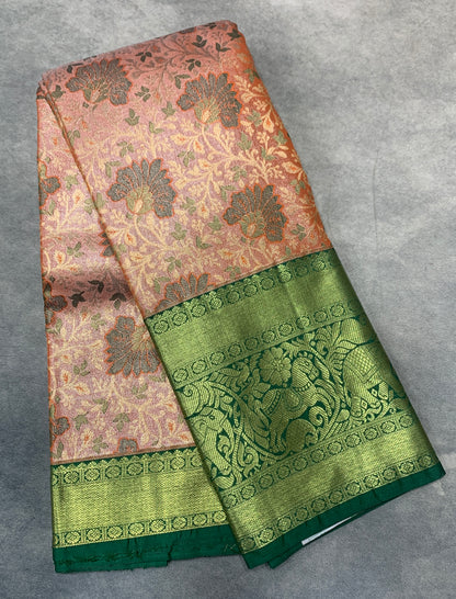 Light Orange Colour Soft kanchi pattu with Green Border