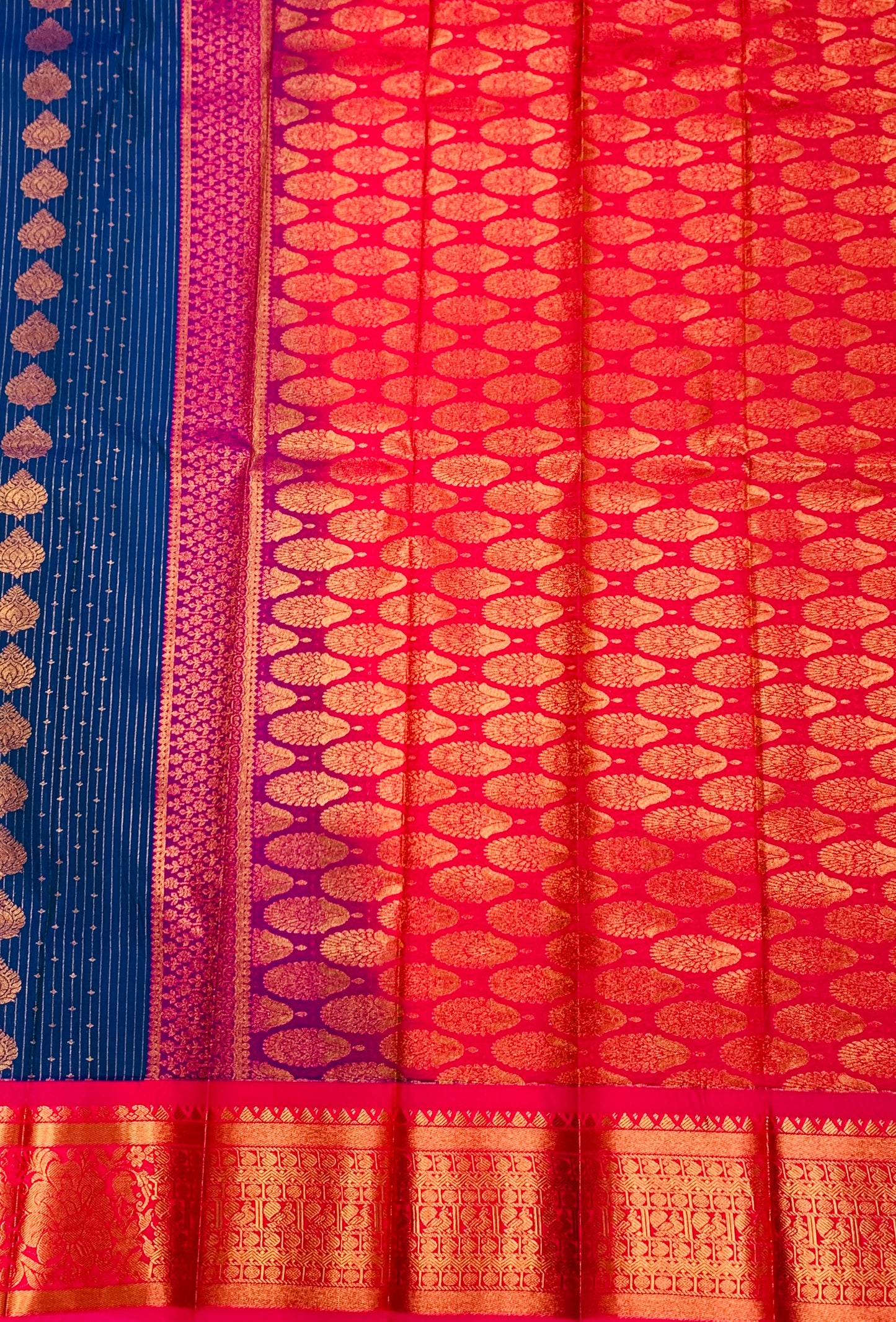 Vegan Silk Saree Blue with Pink Border with Mango and Floran Design