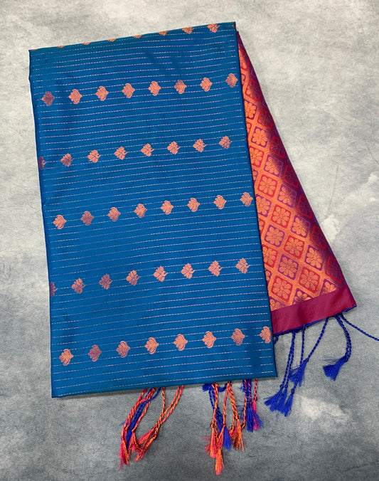Soft Vegan Silk Saree Sky Blue Colour with Pink and Copper Border