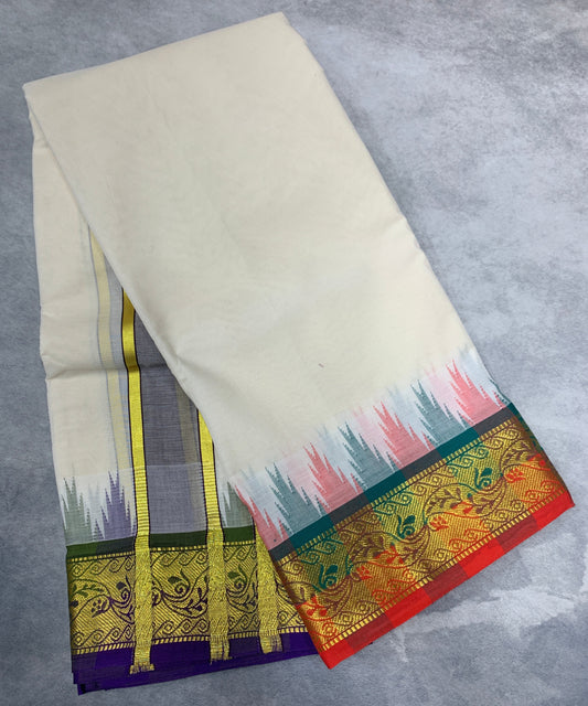 Korvai Cotton Dhoti Half White Colour with Multi Colour Border