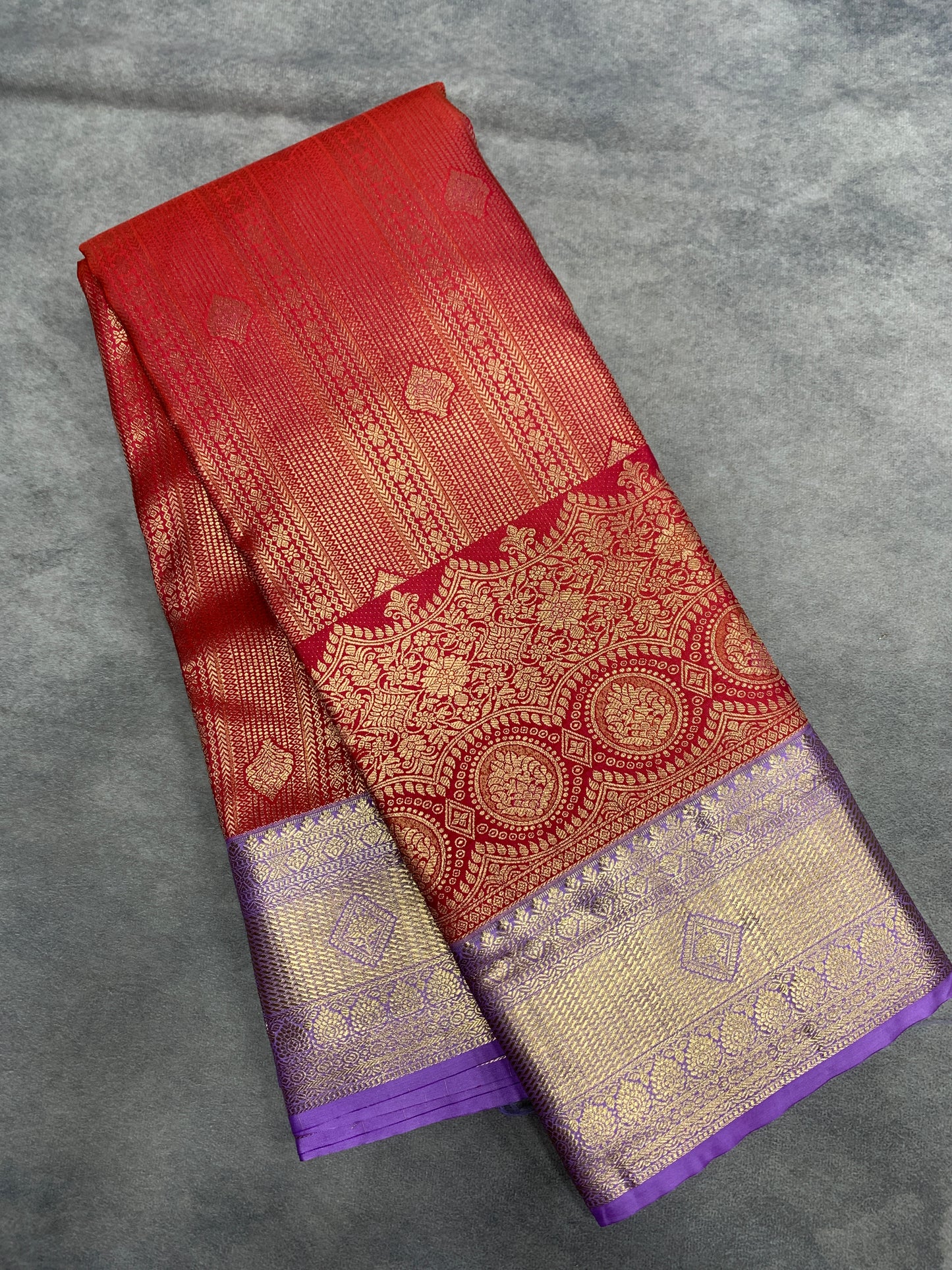 Fancy Tissue Saree Red Colour with Lavender Colour Border