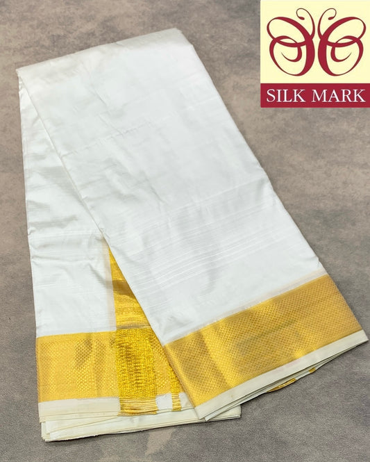 Pure Silk Dhoti 8 mulam White Colour with Big Zari Border