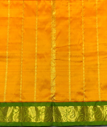 Mango Yellow Shade Pure Kanchipuram Kids Pattu Pavadai with Contrast Border for Newborn to 2 Years