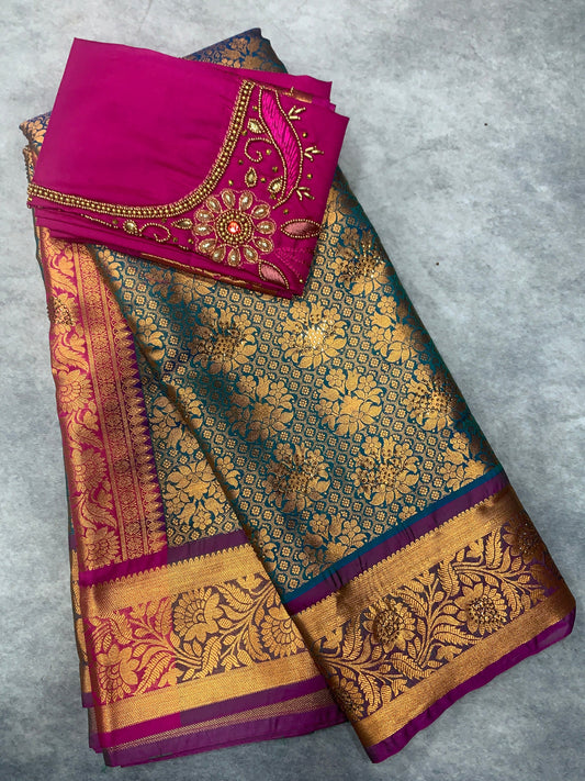 Bridal Vegan Silk Saree Peacock Green shade with Purple Border with Unstitched blouse in Aari Work