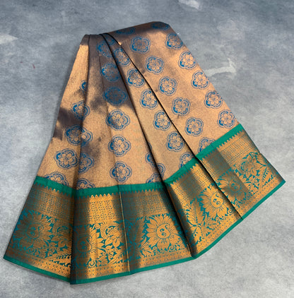 Vegan Silk Saree Peacock Green Colour Saree with Copper Border
