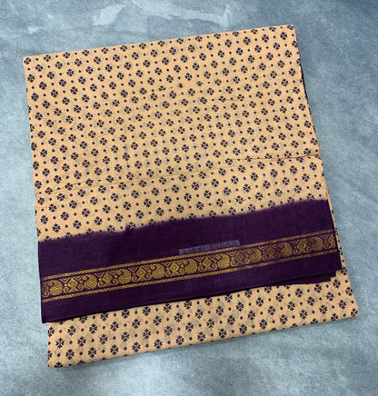 9 yards Cotton Saree Sandal Colour with Dark Purple Border