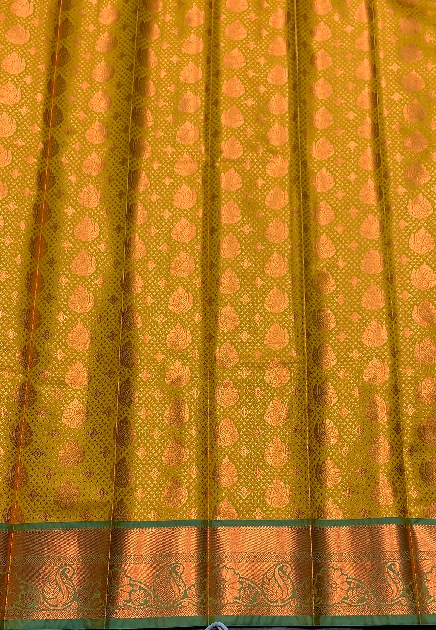 Vegan Silk Saree Lime Green Colour with Light Green and Copper Border