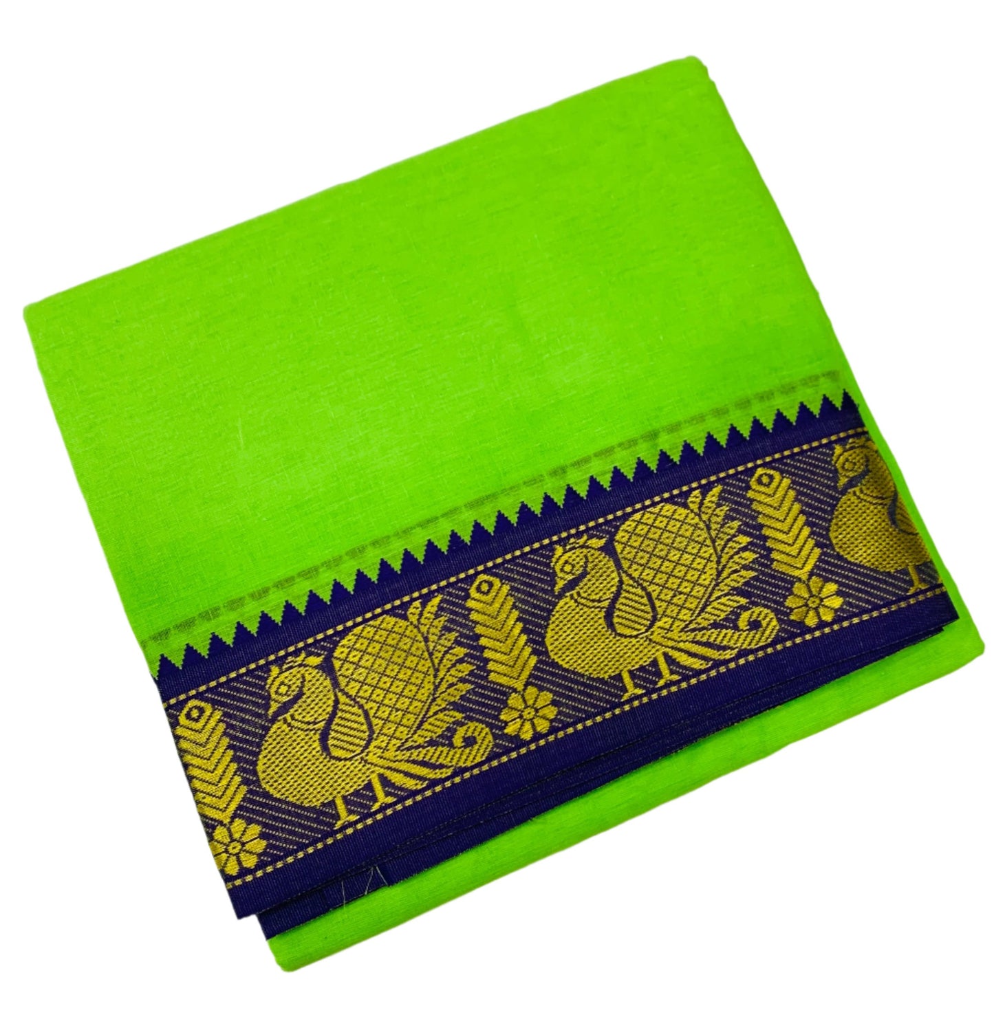 9X5 Cotton Dhoti Apple Green Colour with Blue and Green Border