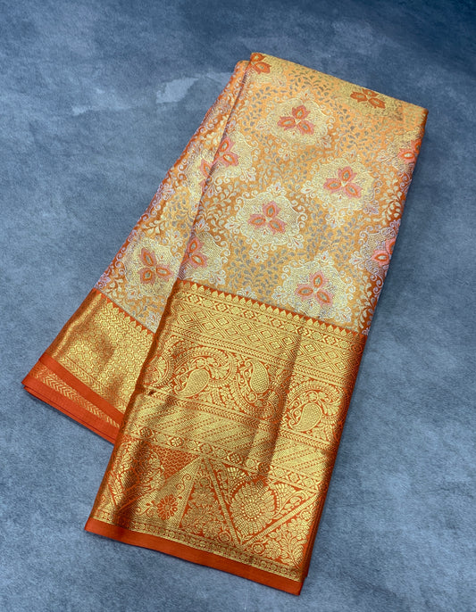 Golden Orange Colour Soft Kanchi Tissue Pattu Saree with Large Orange Border