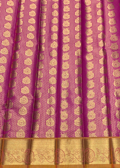 Vegan Silk Saree Pink Colour with Golden Yellow and Copper Border