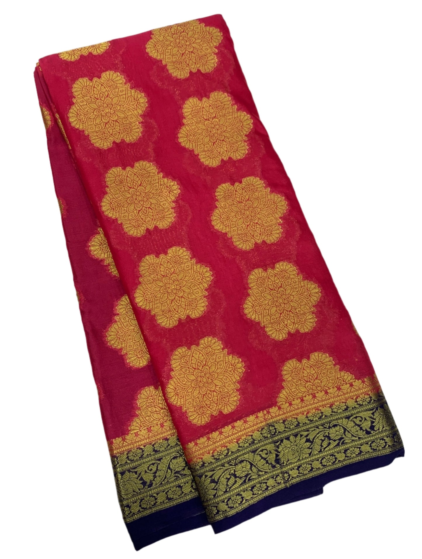 Crepe Saree Red Pink Colour with Navy Blue Border