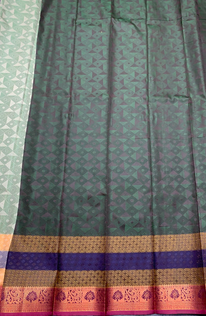 Poly Cotton Saree Pastel Green Colour with Vibrant Multicolour Border