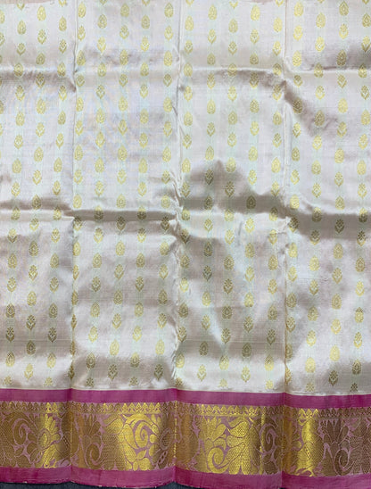 Ivory Shade Pure Kanchipuram Kids Pattu Pavadai with Contrast Border for Newborn to 2 Years