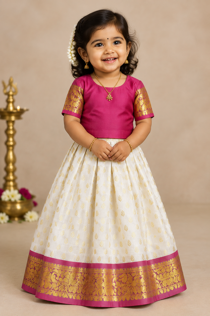Ivory Shade Pure Kanchipuram Kids Pattu Pavadai with Contrast Border for Newborn to 2 Years