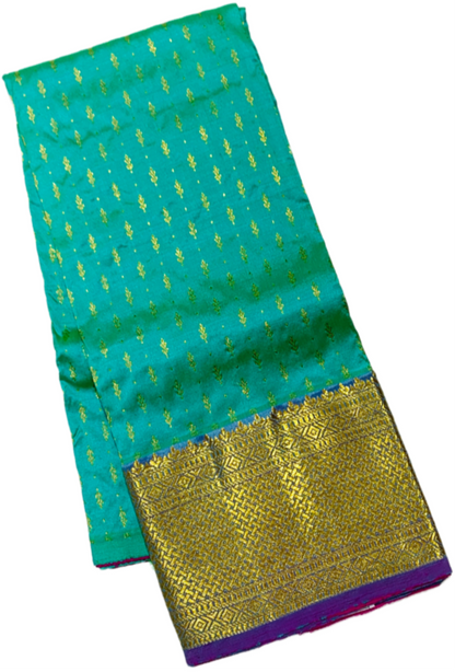 Rama Green shade Pure Kanchipuram Kids Pattu Pavadai with Contrast border for age 2 to 5