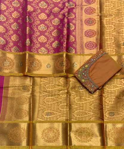Bridal Vegan Silk Saree Pink shade with Golden Yellow Border with Unstitched blouse in Aari Work