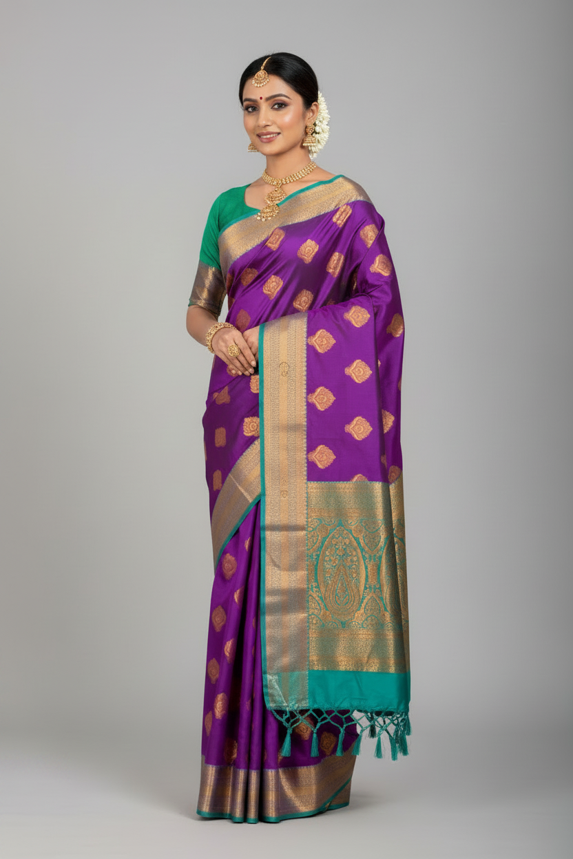 Soft Silk Casual Saree Magenta Colour with Rama Green and Golden Colour Border