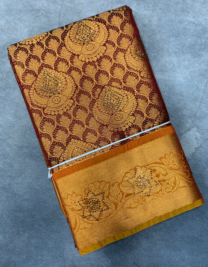 Vegan Silk Saree Brown Colour with Copper and Golden Yellow Border