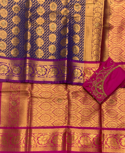 Bridal Vegan Silk Saree Violet shade with Purple Border with Unstitched blouse in Aari Work