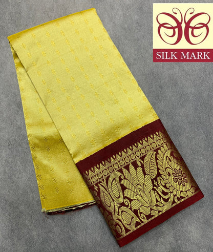 Lime Yellow Shade Pure Kanchipuram Kids Pattu Pavadai with Contrast Border for Newborn to 2 Years