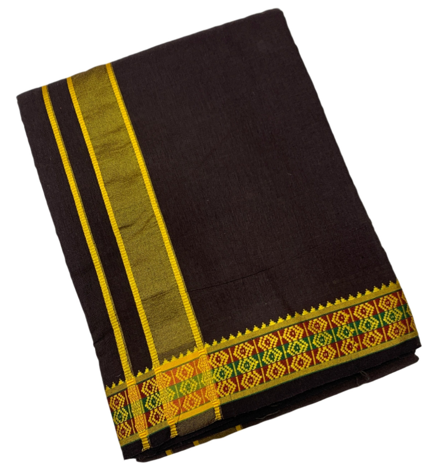 9X5 Cotton Dhoti Dark Brown Colour with Yellow Border