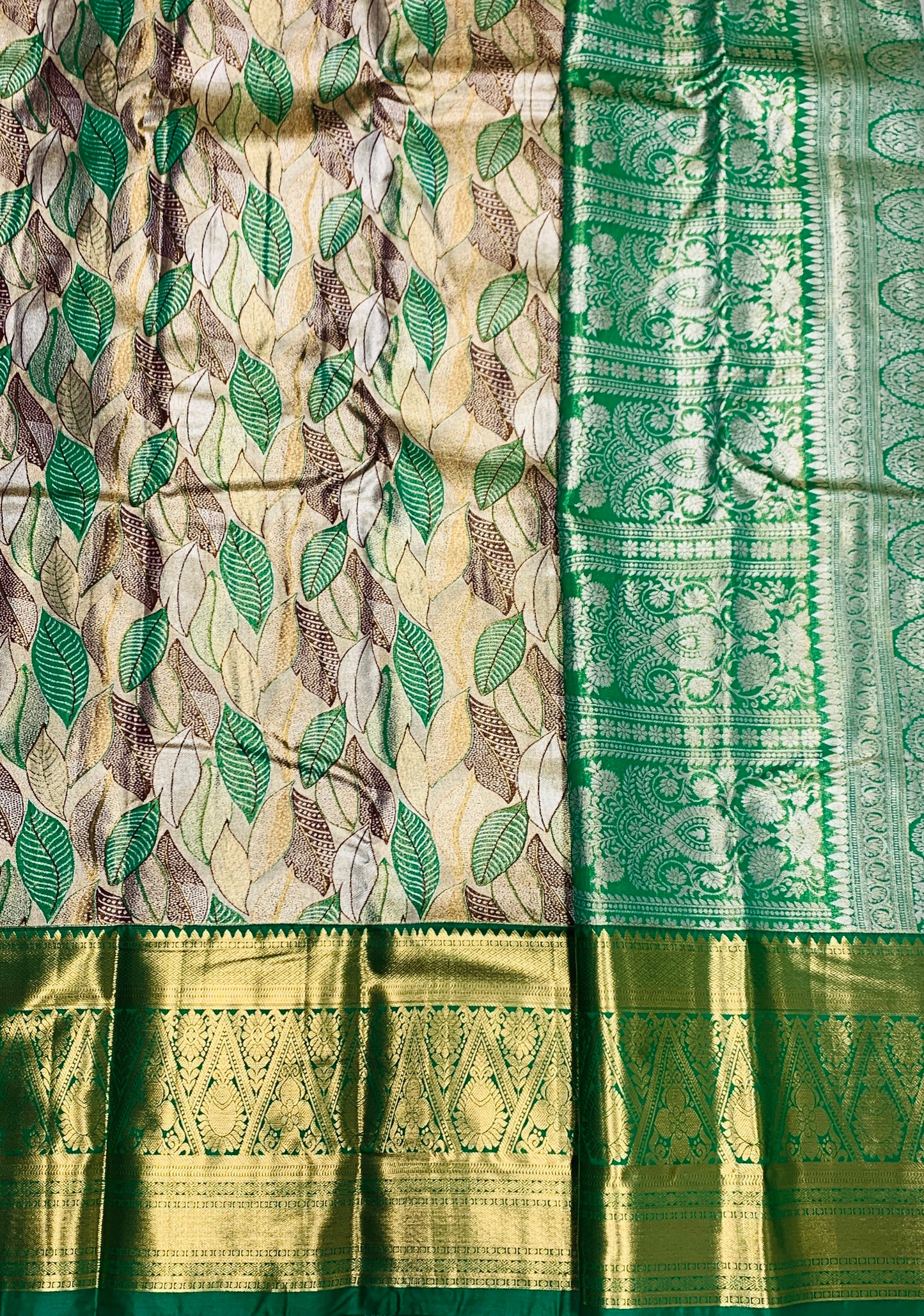 Brown & Green Leaf Soft Kanchi Tissue Pattu Saree with Green Border