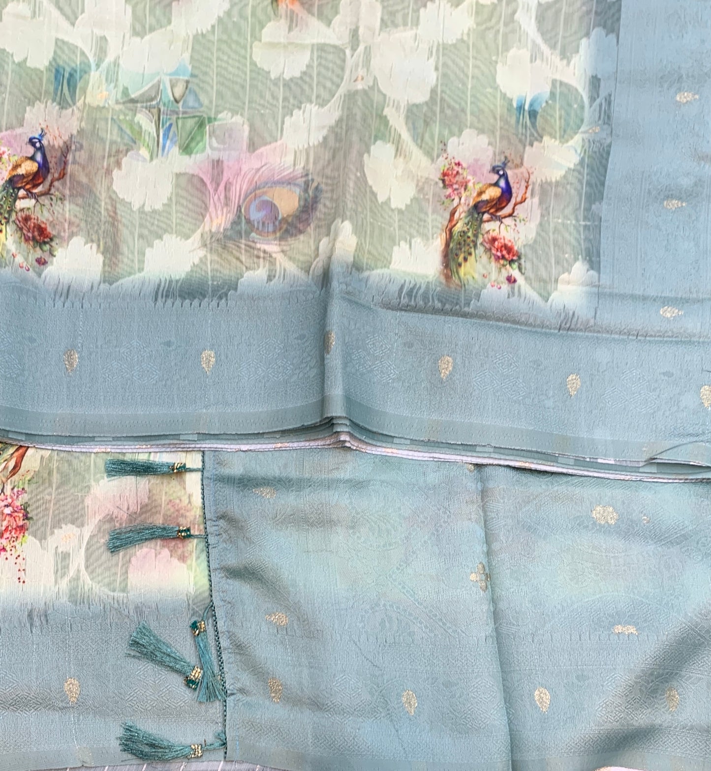 Digital Print Cotton Saree Gray Blue Colour with Floral and Birds Pattern