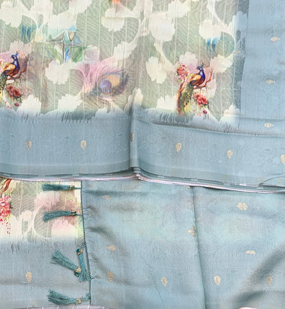 Digital Print Cotton Saree Gray Blue Colour with Floral and Birds Pattern