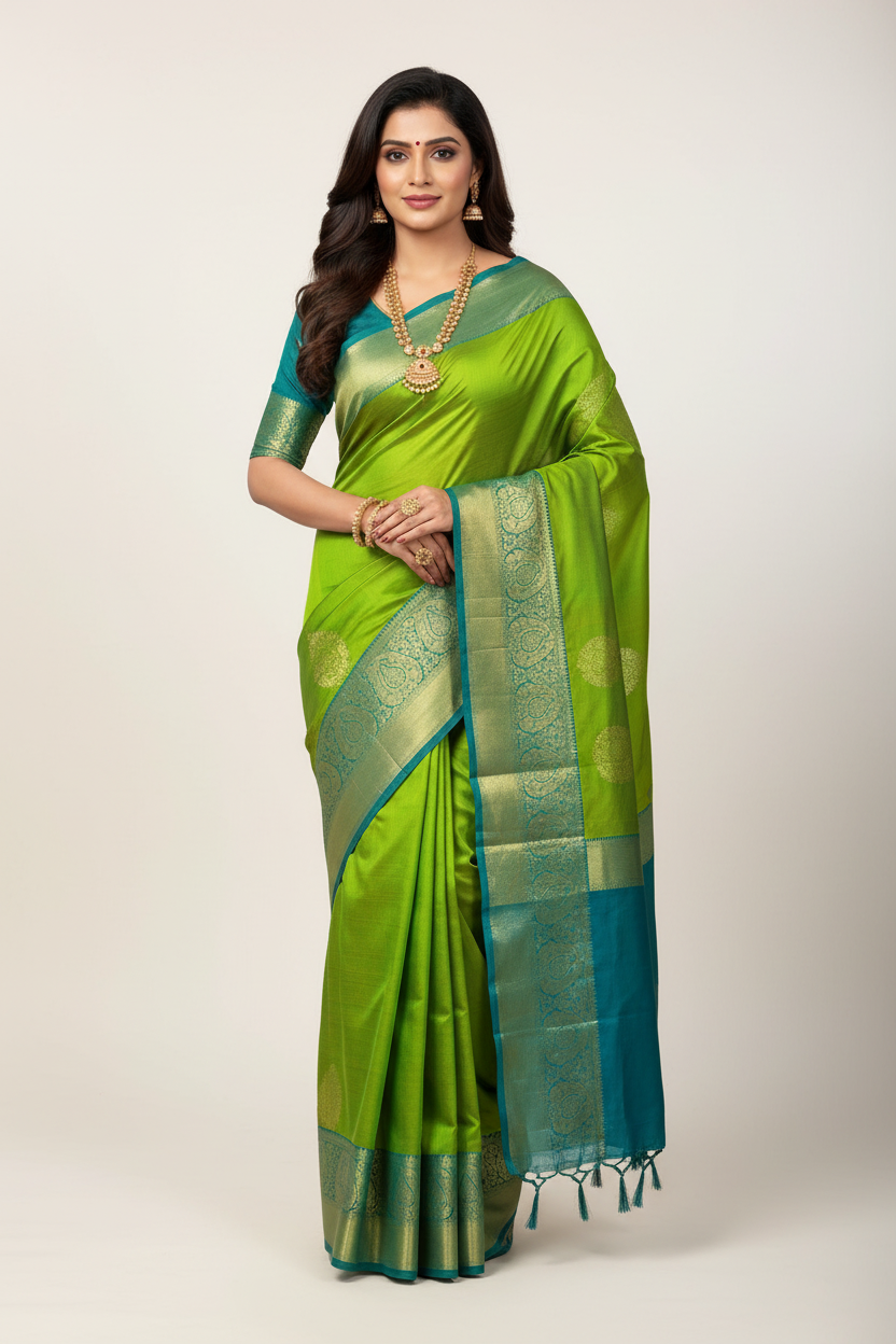 Pure Kanchipuram Silk Saree Apple Green Colour with Self Border