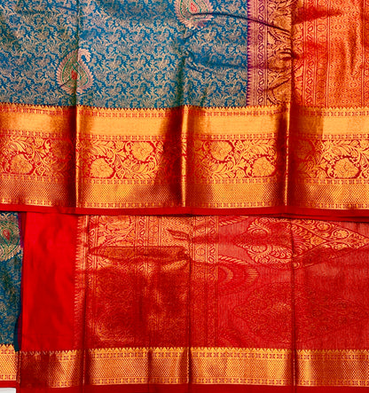 Vegan Silk Saree Blue shade with Maroon Border