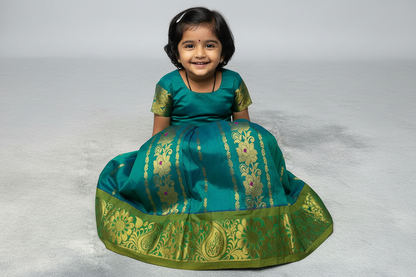 Green Shade Semi Silk Kids Pattu Pavadai with Contrast border for Age 2 to 5 Years