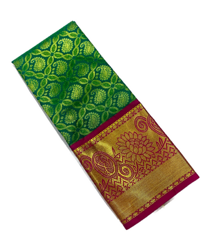 Green shade vegan silk Kids Pattu Pavadai with contrast border for age 5 to 10