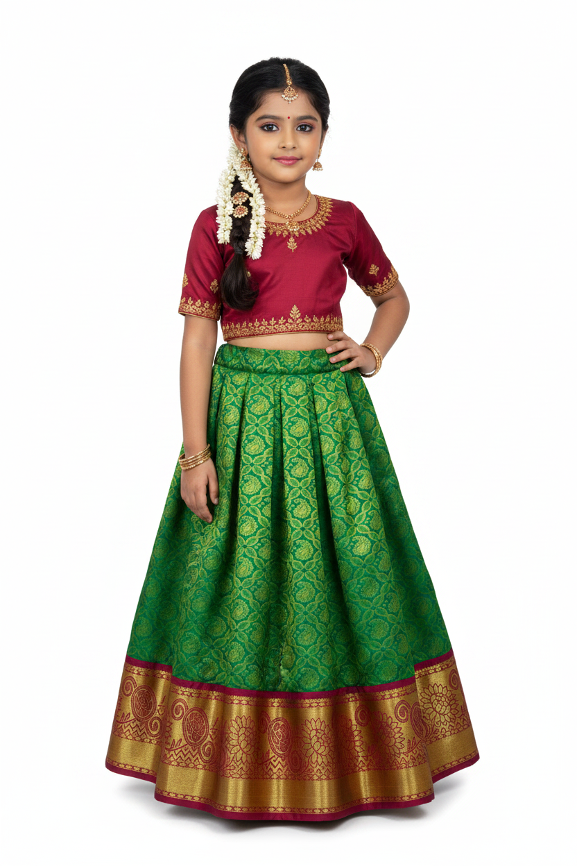 Green shade vegan silk Kids Pattu Pavadai with contrast border for age 5 to 10