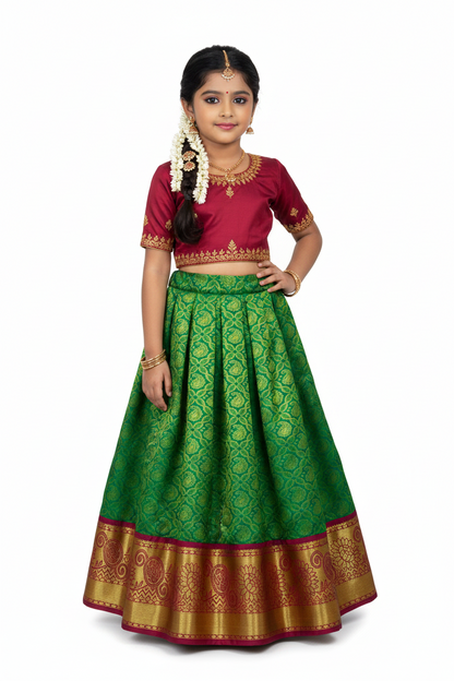 Green shade vegan silk Kids Pattu Pavadai with contrast border for age 5 to 10