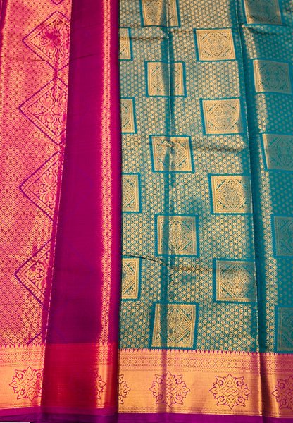 Art Silk Saree Peacock Green Colour with Magenta Border