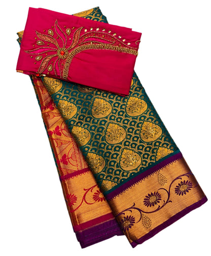 Bridal Vegan Silk Saree Green shade with Purple Border with Unstitched blouse in Aari work