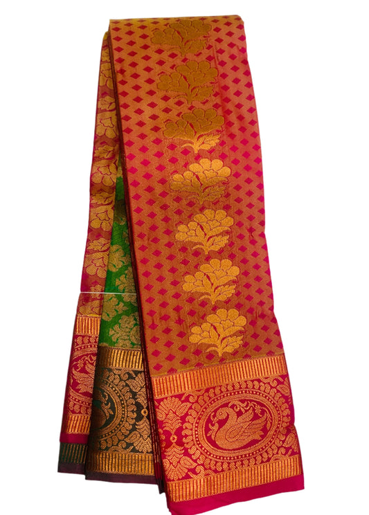 Vegan Silk Saree Dual shade with Copper and Pink Border