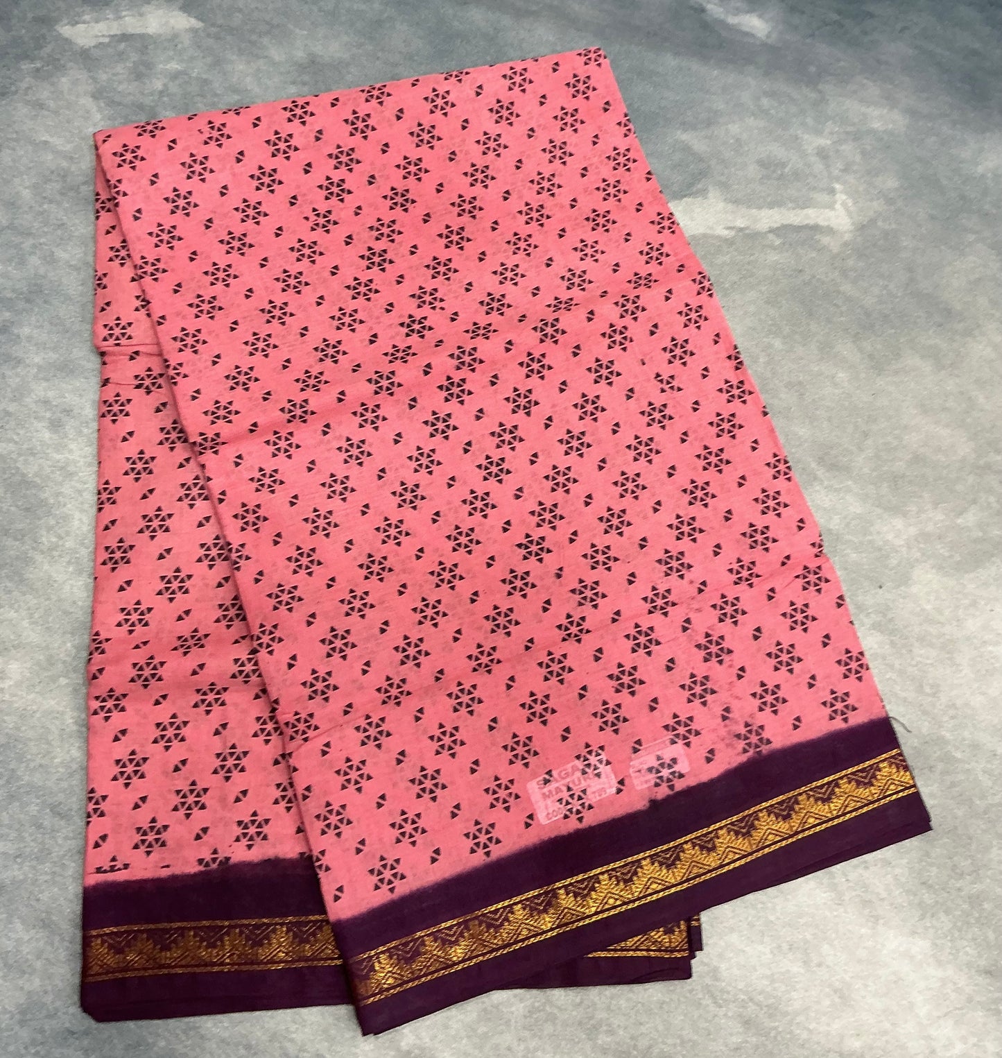 Chettinad Sungudi Cotton Peach Colour with Brown Colour Border