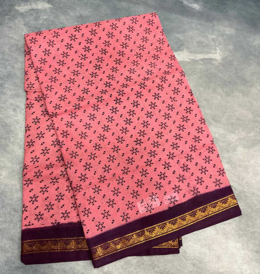 Chettinad Sungudi Cotton Peach Colour with Brown Colour Border
