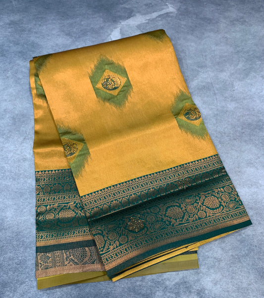 Art Silk Saree Mustard Colour and Stone Work with Green Border