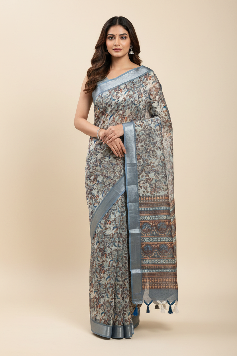 Jute Cotton Saree Off White Shade with Thread Border