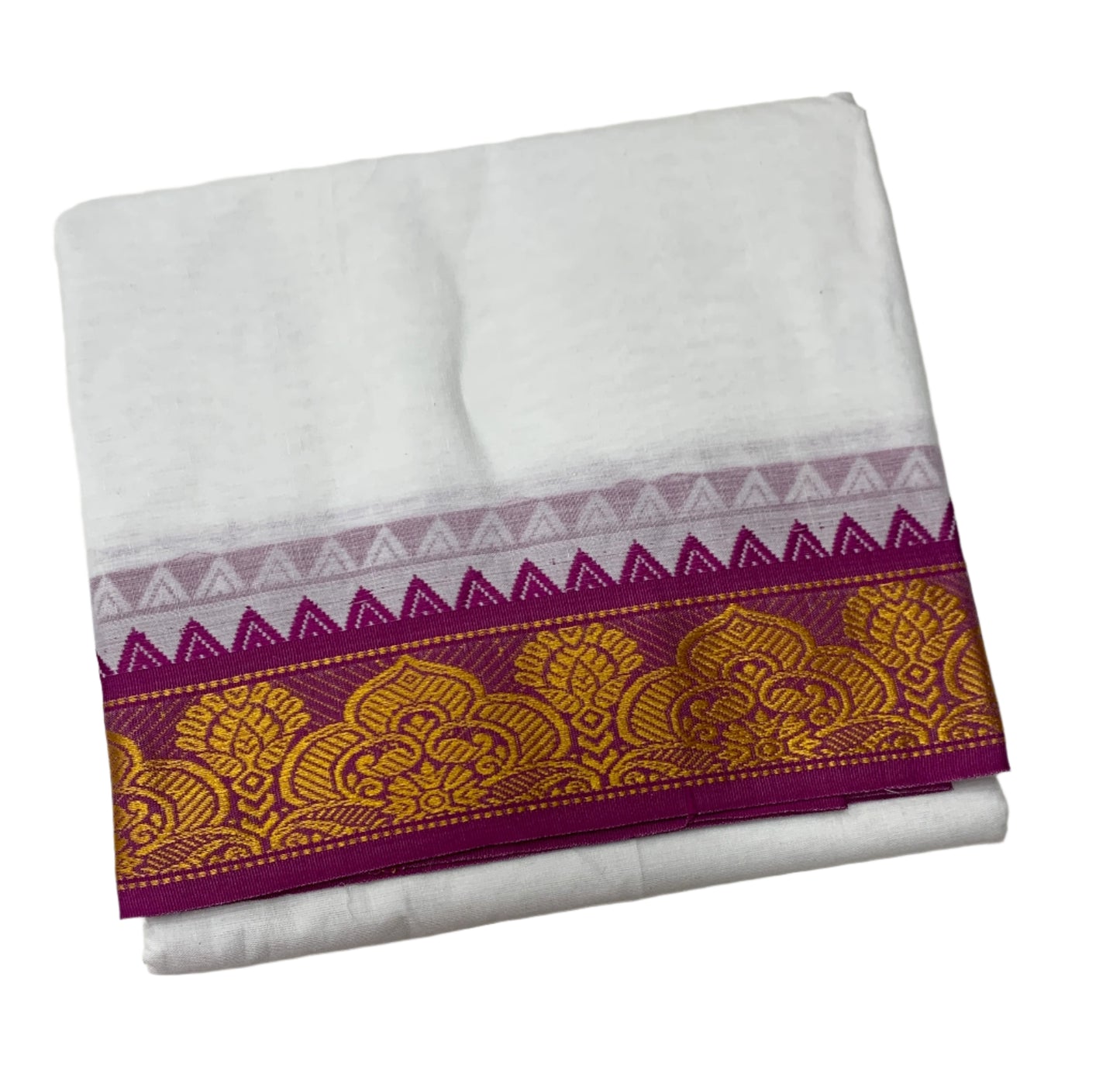 9X5 Cotton Dhoti White Purple and Green Border with Angavastram