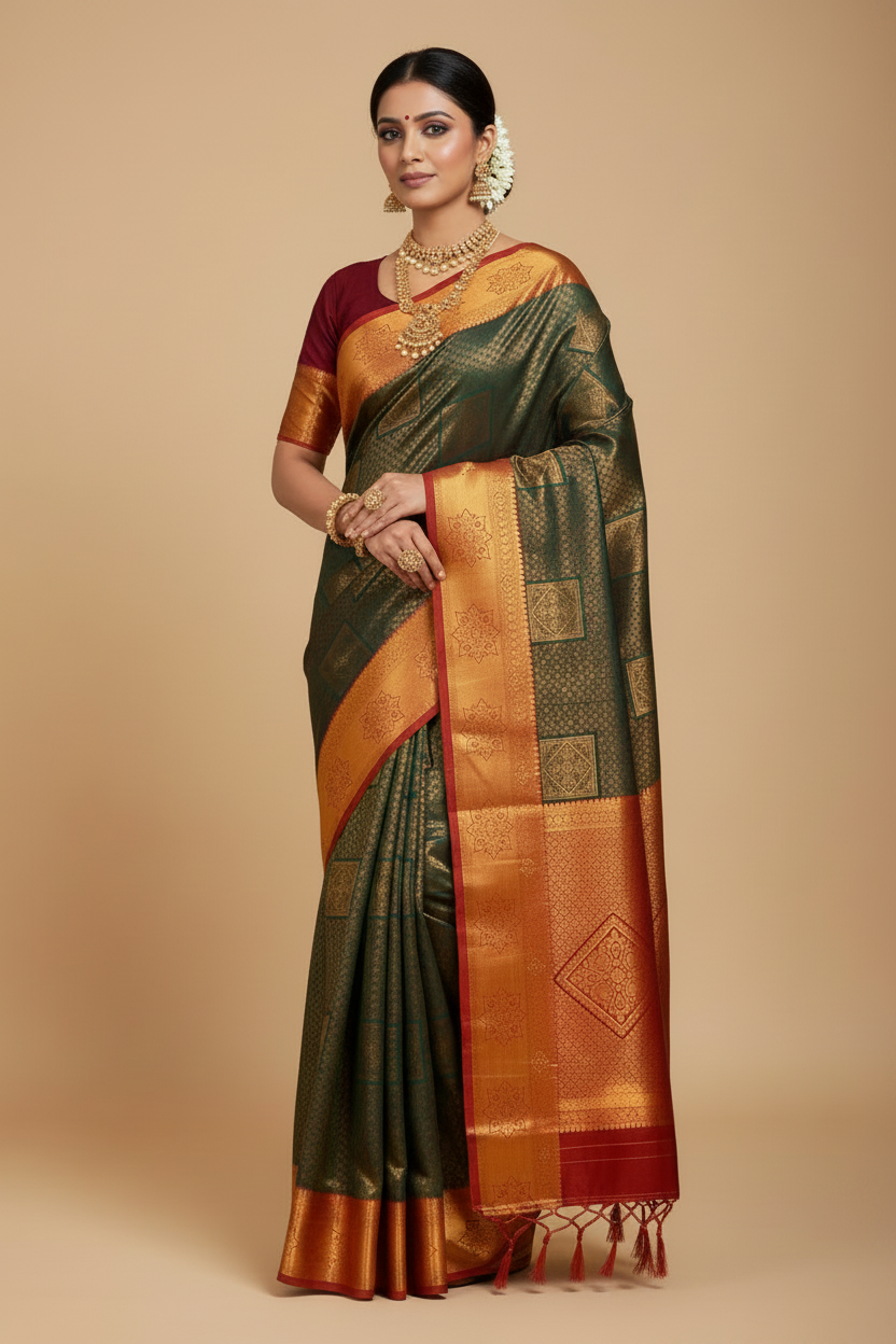 Art Silk Saree Green Colour with Red Border
