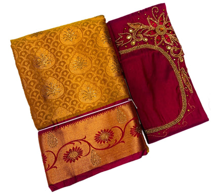 Bridal Vegan Silk Saree Mustard shade with Pink Border with Unstitched blouse in Aari work